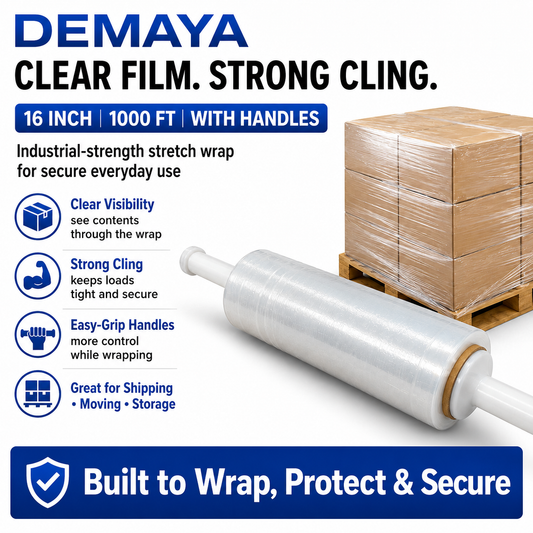DEMAYA Stretch Wrap Stretch Film Roll, 1000ft Industrial Strength 16 Inch Wide Clear Plastic Wrap with Handles for Pallet Wrapping, Shipping, Moving & Storage