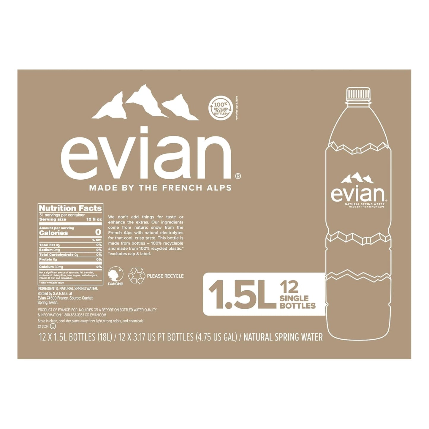 Evian Natural Spring Water, 1.5 L bottle (Pack of 12)