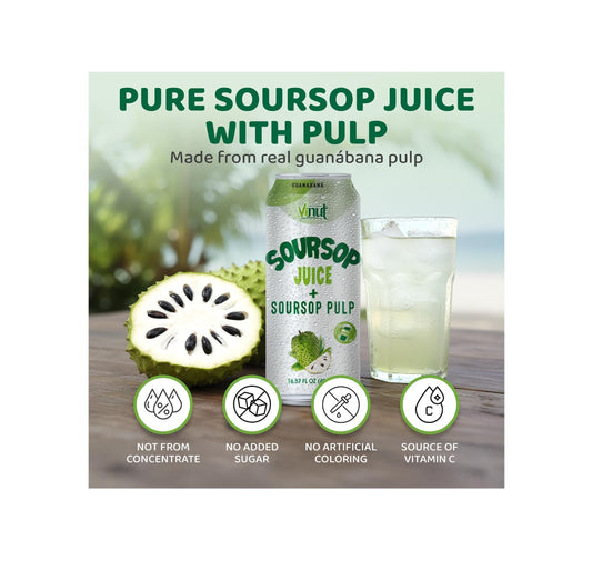 Vinut 100% Soursop Juice With Pulp – No Sugar Added, 16.57 Fl Oz Cans – 12 Pack