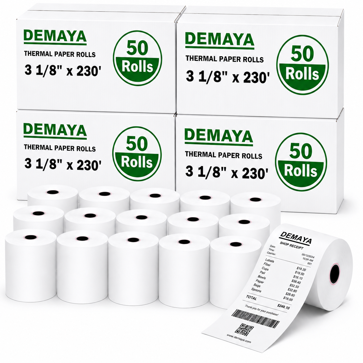 DEMAYA Packaging 3 1/8" x 230' BPA-Free Thermal Paper Rolls – 50 Rolls/Case