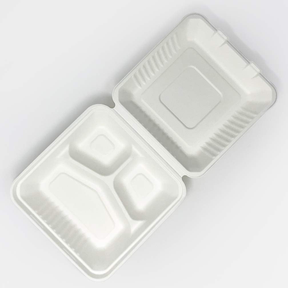 Zume Compostable 9" x 9" 3-Compartment Clamshell Take-Out Food Containers – Eco-Friendly & Disposable – Natural – Pack of 100