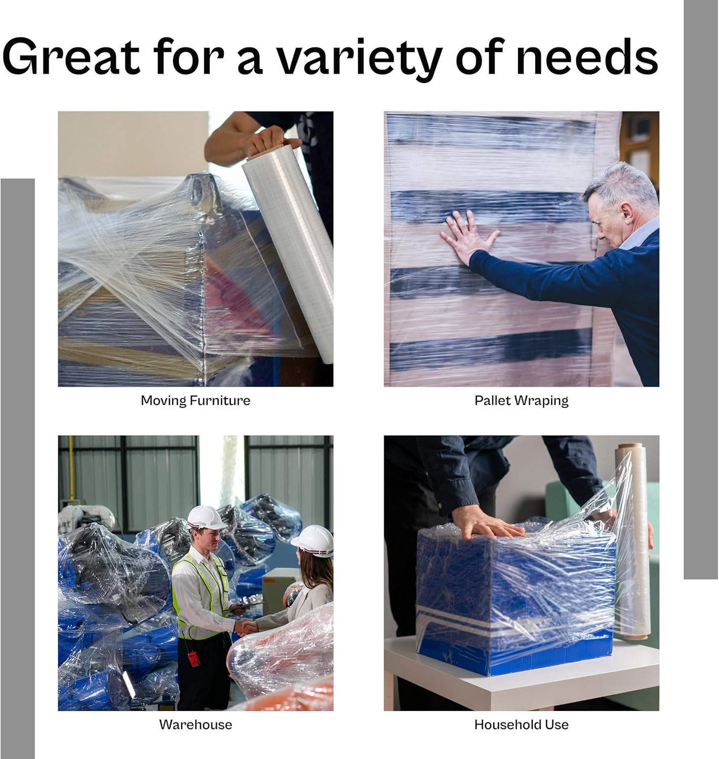 PSBM Clear Cast Stretch Wrap – 12 In x 1500 Ft, 65 Gauge Hand Stretch Film – Pack Of 4 Rolls