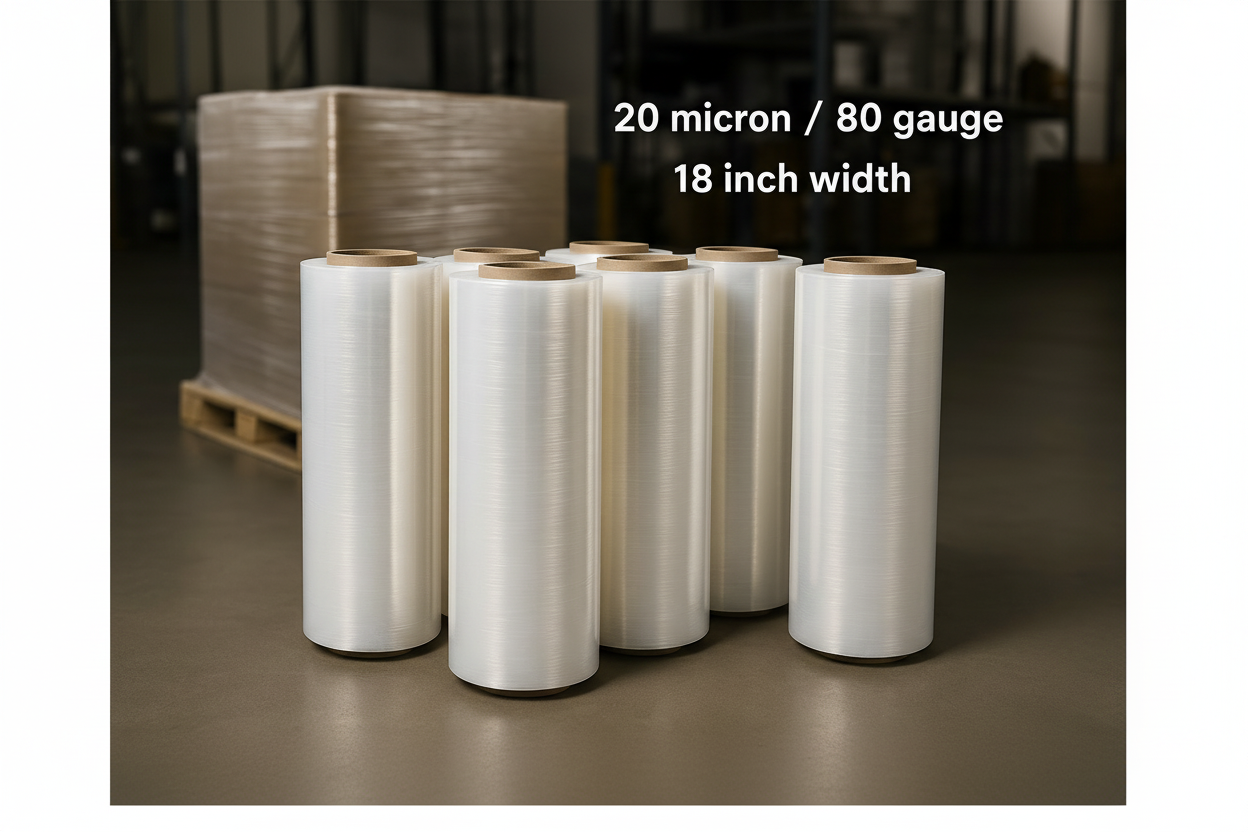 Six rolls of 20 micron/80 gauge shrink wrap on a wooden pallet with text indicating dimensions.