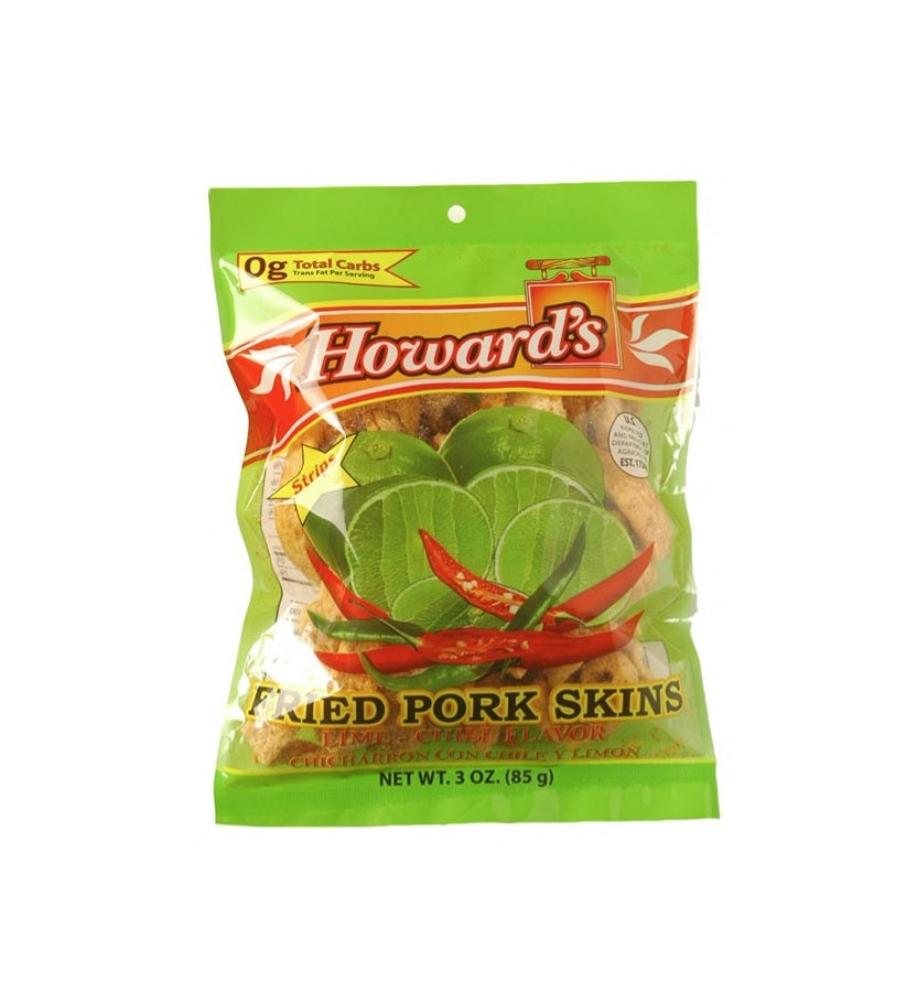 HOWARD'S FRIED PORK SKINS STRIPS, LIME CHILI FLAVOR, 3 OZ BAGS (6 PACK)