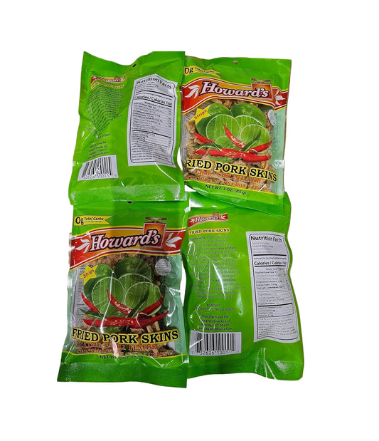 HOWARD'S FRIED PORK SKINS STRIPS, LIME CHILI FLAVOR, CRUNCHY CHICHARRONES (PACK OF 6)