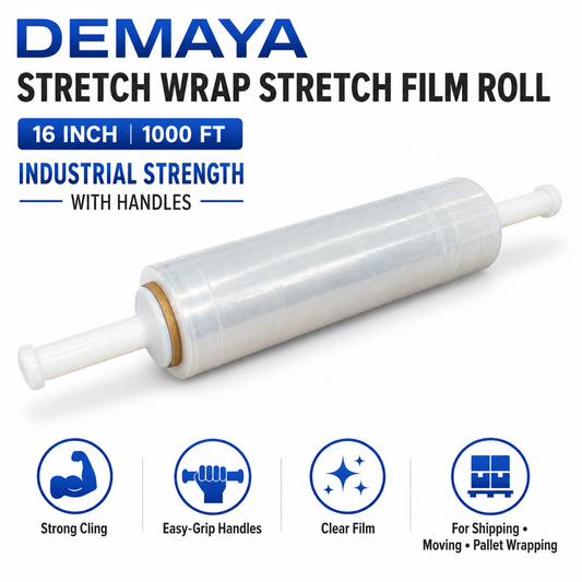 DEMAYA Stretch Wrap Stretch Film Roll, 1000ft Industrial Strength 16 Inch Wide Clear Plastic Wrap with Handles for Pallet Wrapping, Shipping, Moving & Storage