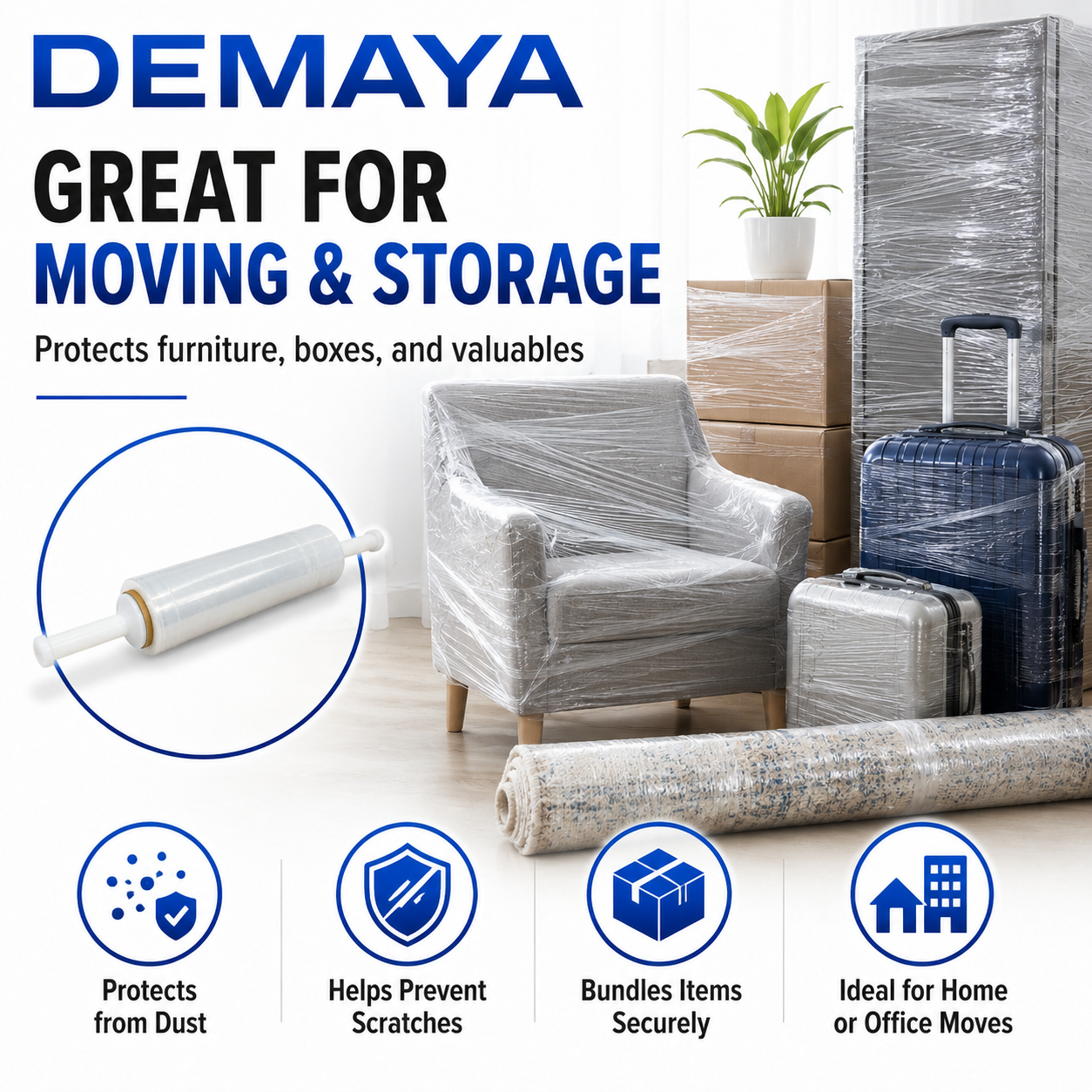 DEMAYA Stretch Wrap Stretch Film Roll, 1000ft Industrial Strength 16 Inch Wide Clear Plastic Wrap with Handles for Pallet Wrapping, Shipping, Moving & Storage