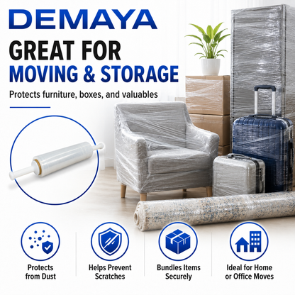 DEMAYA Stretch Wrap Stretch Film Roll, 1000ft Industrial Strength 16 Inch Wide Clear Plastic Wrap with Handles for Pallet Wrapping, Shipping, Moving & Storage