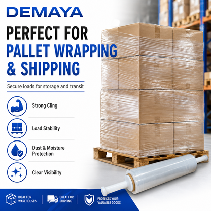 DEMAYA Stretch Wrap Stretch Film Roll, 1000ft Industrial Strength 16 Inch Wide Clear Plastic Wrap with Handles for Pallet Wrapping, Shipping, Moving & Storage