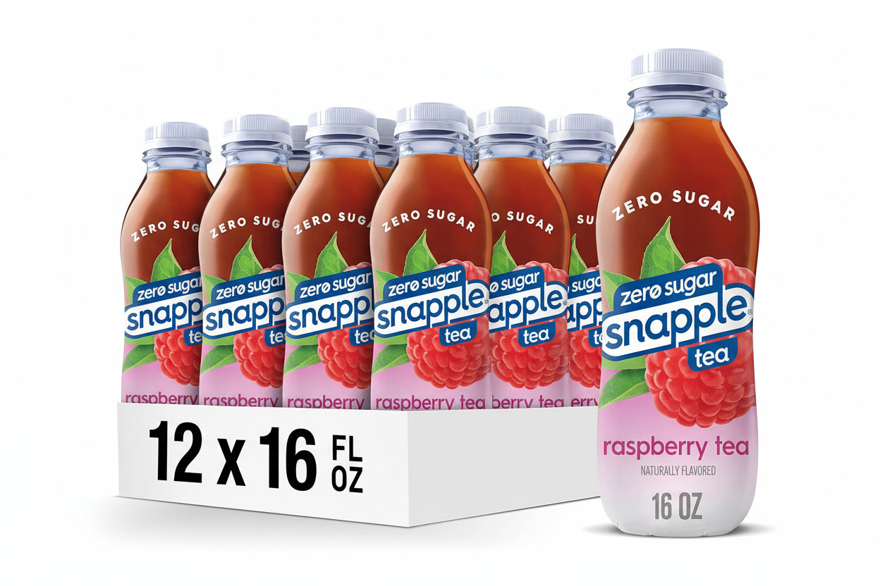 Snapple zero sugar raspberry tea bottles and packaging on a white background