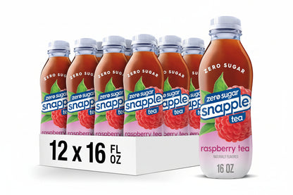 Snapple zero sugar raspberry tea bottles and packaging on a white background