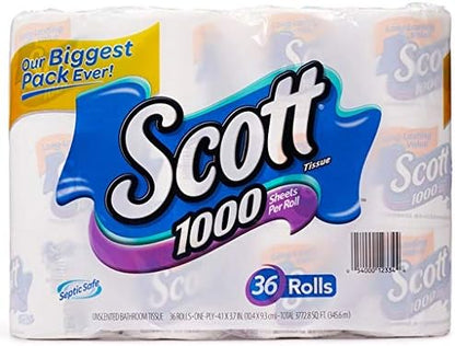 Scott 1000 Sheets Per Roll Toilet Paper, 36 Rolls – Long-Lasting Bath Tissue