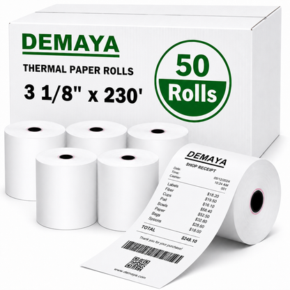 DEMAYA Packaging 3 1/8" x 230' BPA-Free Thermal Paper Rolls – 50 Rolls/Case