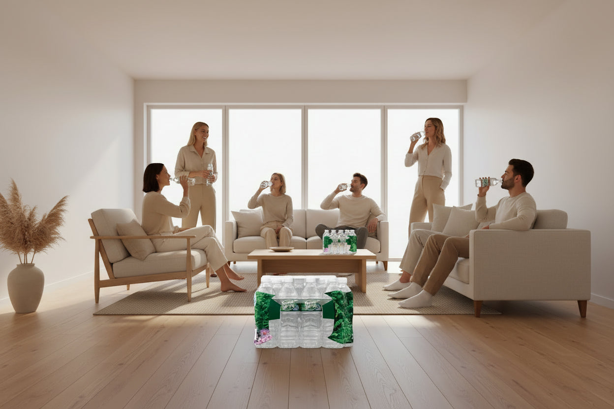 Pack of Poland Spring water bottles with scenic label design.