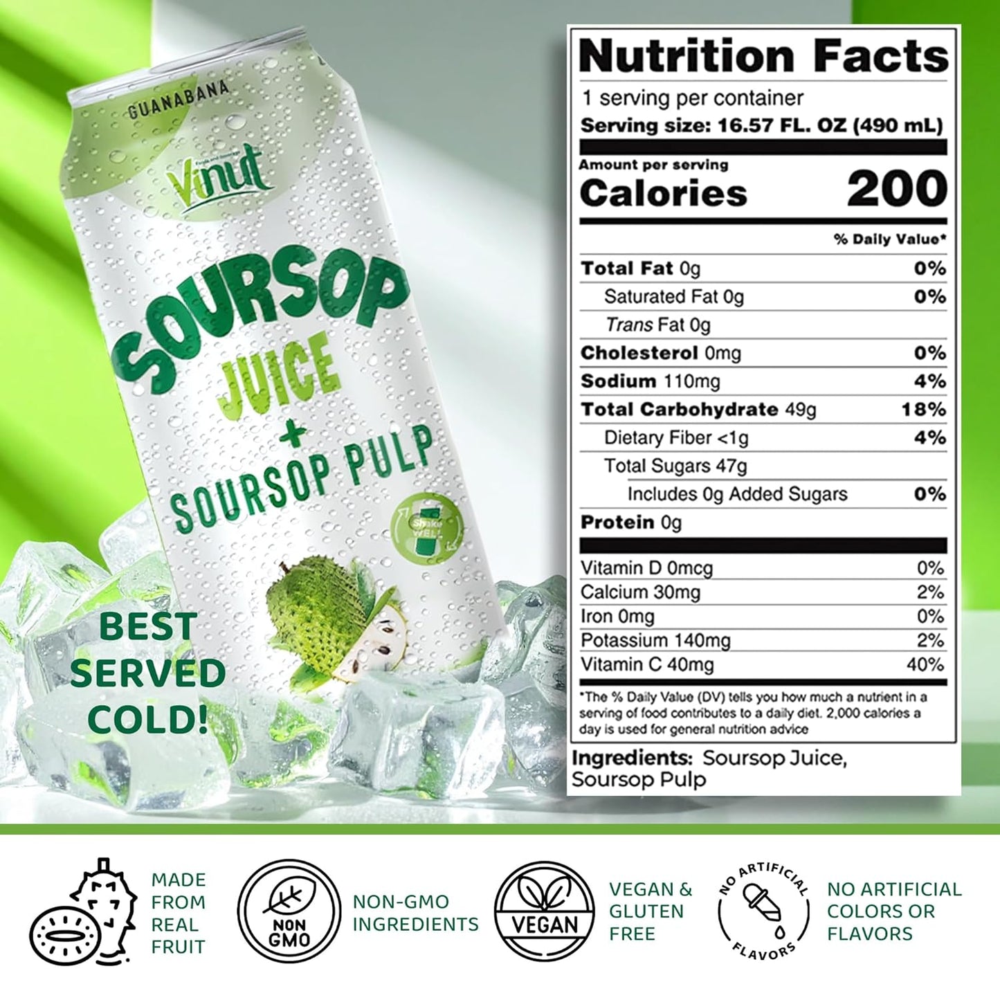 Vinut 100% Soursop Juice With Pulp – No Sugar Added, 16.57 Fl Oz Cans – 12 Pack