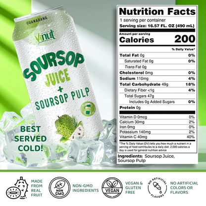 Vinut 100% Soursop Juice With Pulp – No Sugar Added, 16.57 Fl Oz Cans – 12 Pack