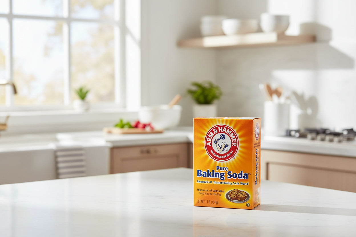 Box of Arm & Hammer Pure Baking Soda with a cardboard box in the background