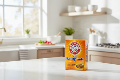 Box of Arm & Hammer Pure Baking Soda with a cardboard box in the background