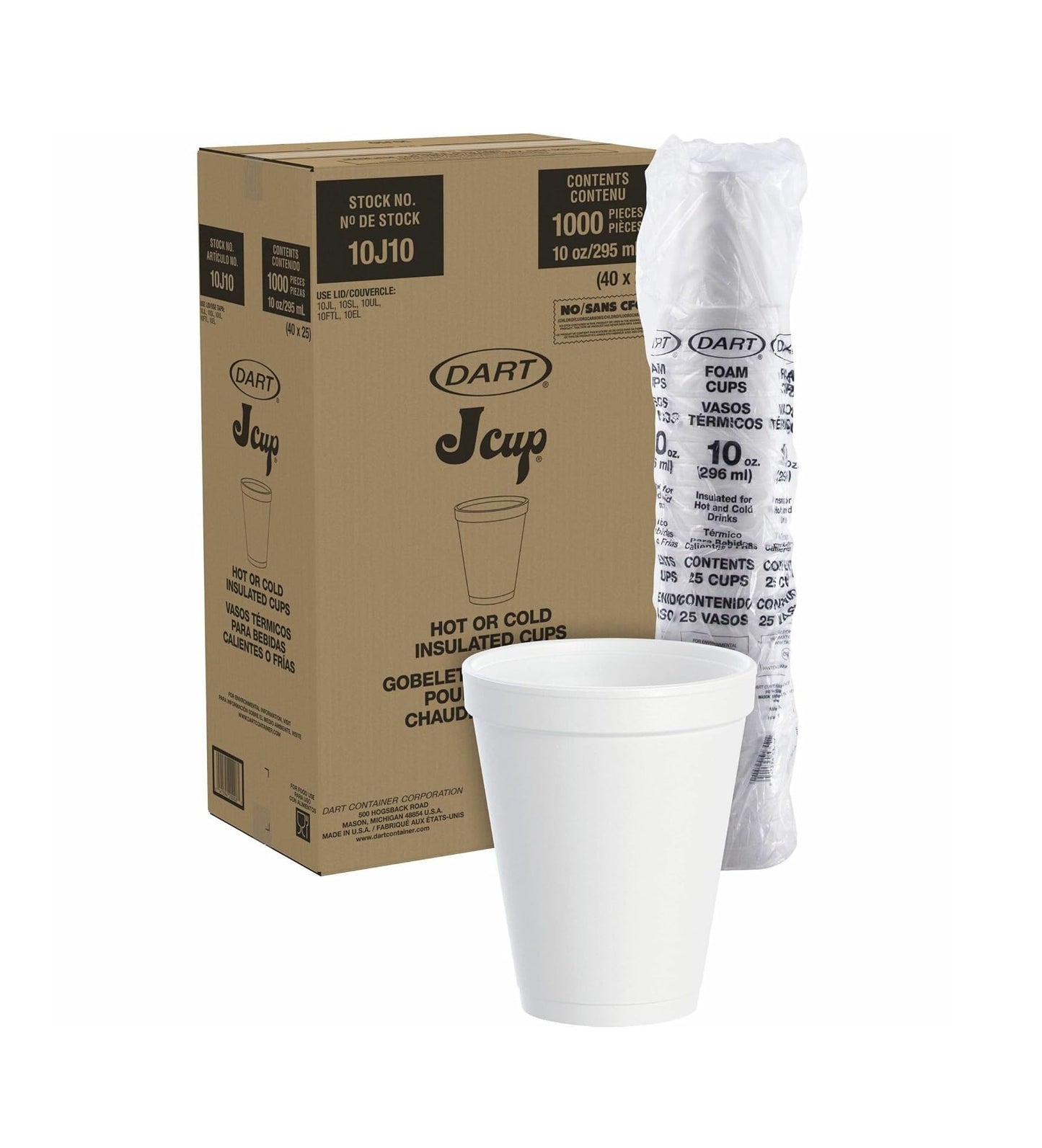 DART 10J10 FOAM DRINK CUPS, 10 OZ, WHITE 1000 COUNT