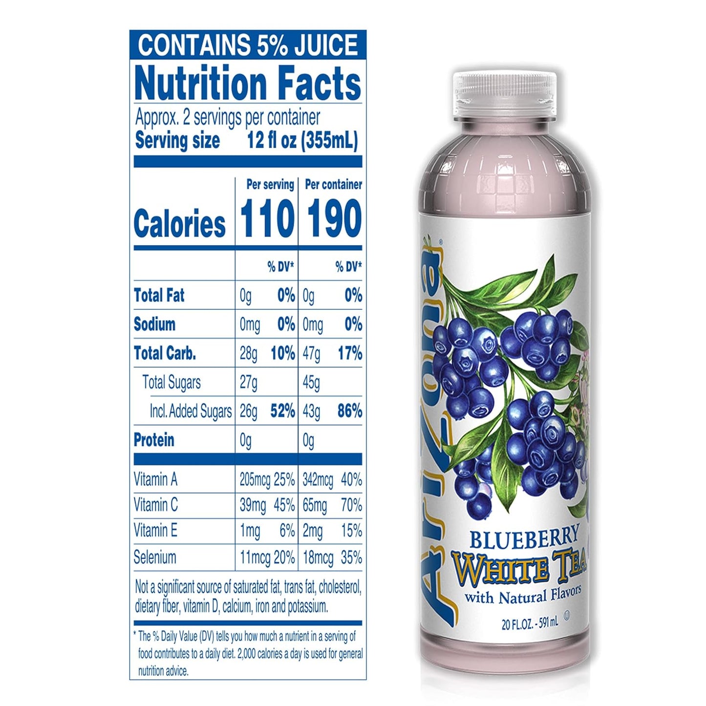 ARIZONA BLUEBERRY WHITE TEA – 20 FL OZ BOTTLES – PACK OF 24
