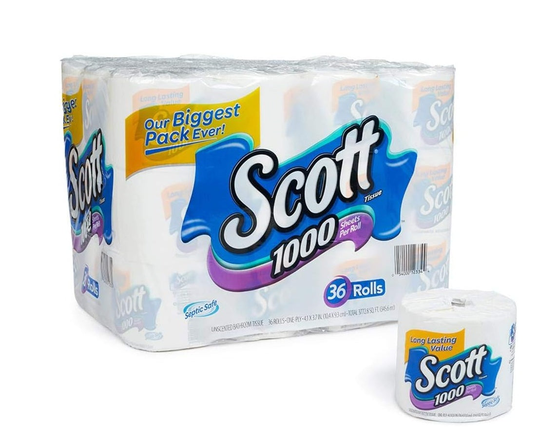 Scott 1000 Sheets Per Roll Toilet Paper, 36 Rolls – Long-Lasting Bath Tissue