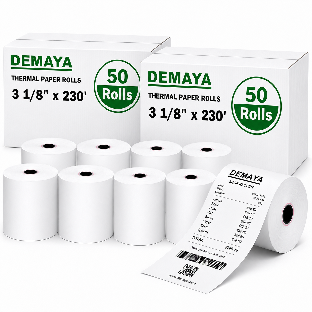 DEMAYA Packaging 3 1/8" x 230' BPA-Free Thermal Paper Rolls – 50 Rolls/Case