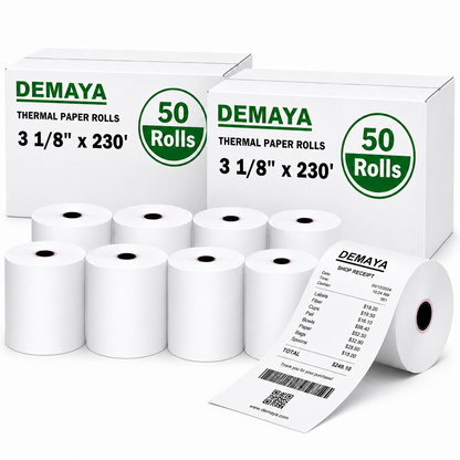 DEMAYA Packaging 3 1/8" x 230' BPA-Free Thermal Paper Rolls – 50 Rolls/Case
