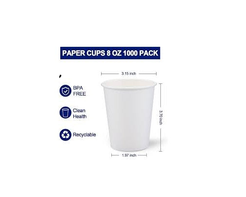 WHITE DISPOSABLE PAPER CUPS – 8 OZ – HOT AND COLD USE – 1000 COUNT