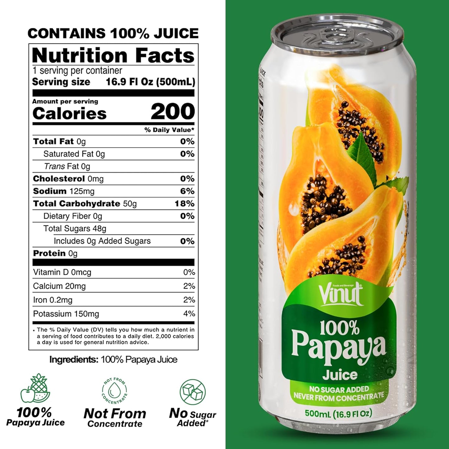 Vinut 100% Papaya Juice – No Added Sugar, 16.9 Fl Oz Cans – 12 Pack