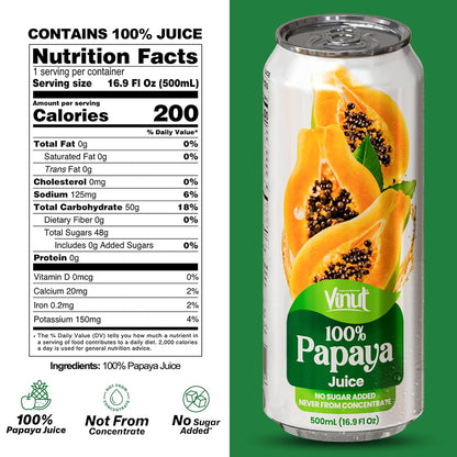 Vinut 100% Papaya Juice – No Added Sugar, 16.9 Fl Oz Cans – 12 Pack