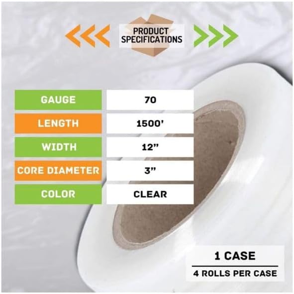 Stretch Wrap Cast Hand Shrink Film, 12" x 1500', 70 Gauge (4 Pack)