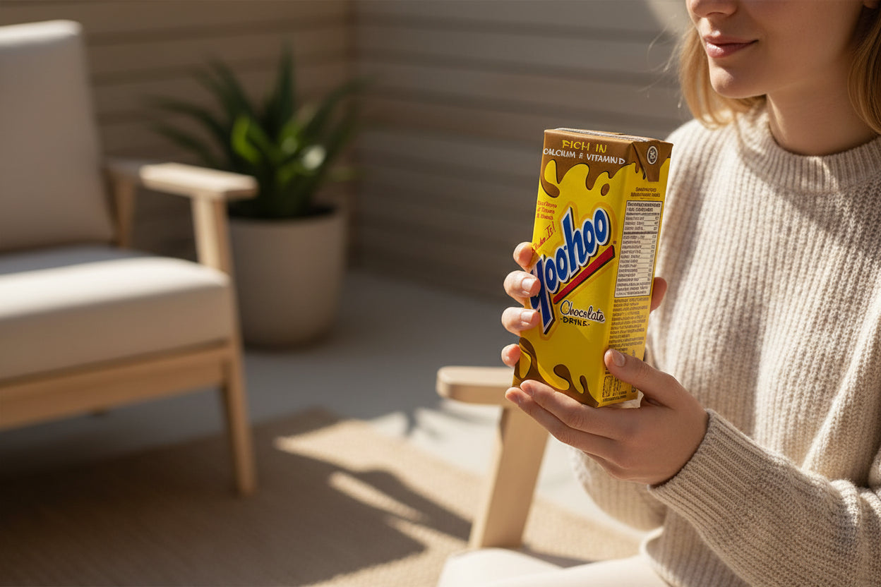 Yoo-hoo chocolate drink box with yellow and brown design