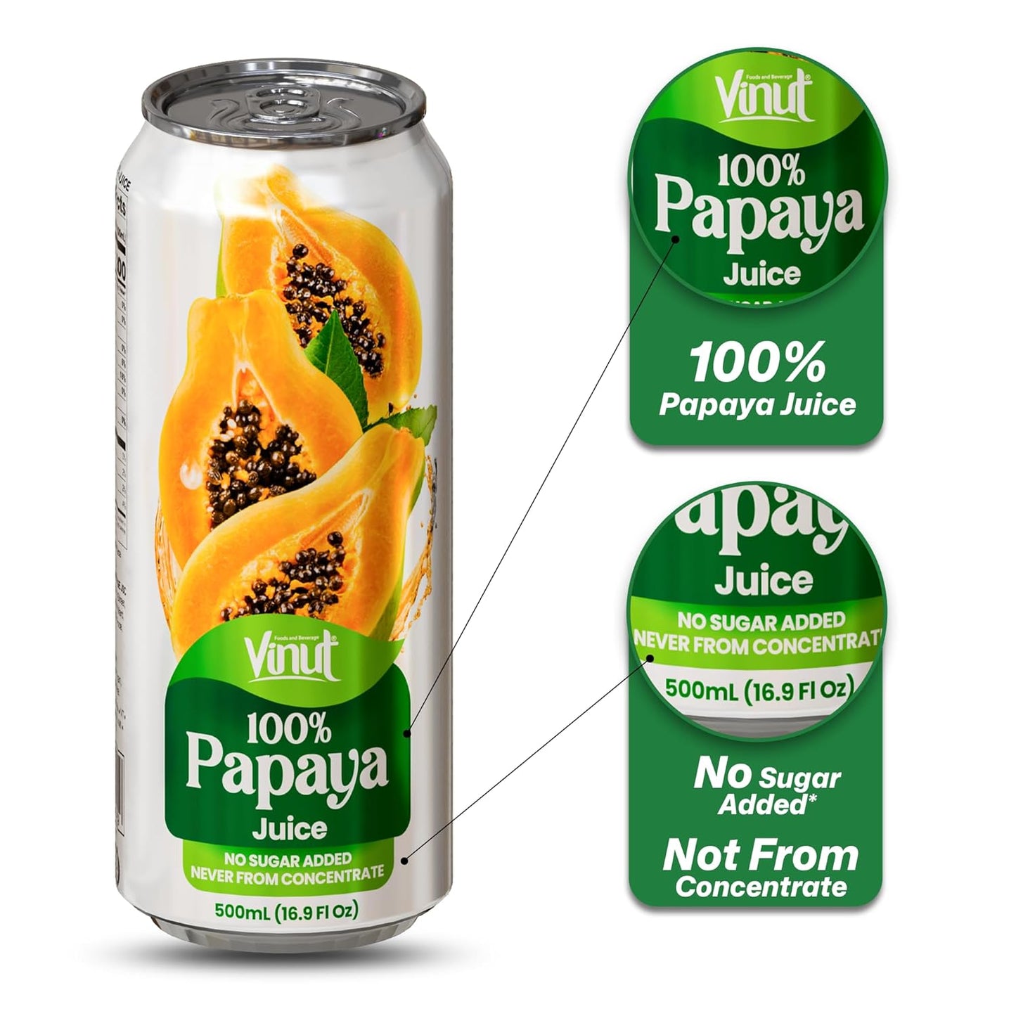 Vinut 100% Papaya Juice – No Added Sugar, 16.9 Fl Oz Cans – 12 Pack