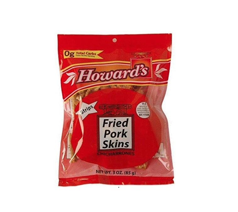 HOWARD’S FRIED PORK SKINS STRIPS, CRISPY LOW-CARB CHICHARRONES, 3 OZ BAGS (PACK OF 4)