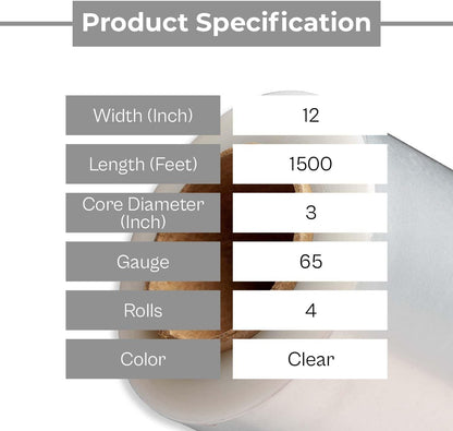 PSBM Clear Cast Stretch Wrap – 12 In x 1500 Ft, 65 Gauge Hand Stretch Film – Pack Of 4 Rolls
