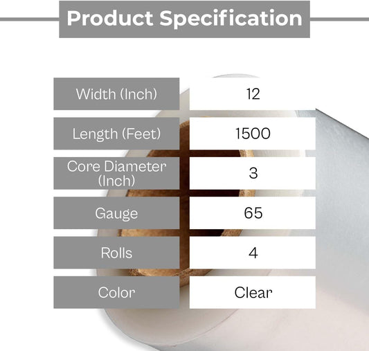 PSBM Clear Cast Stretch Wrap – 12 In x 1500 Ft, 65 Gauge Hand Stretch Film – Pack Of 4 Rolls