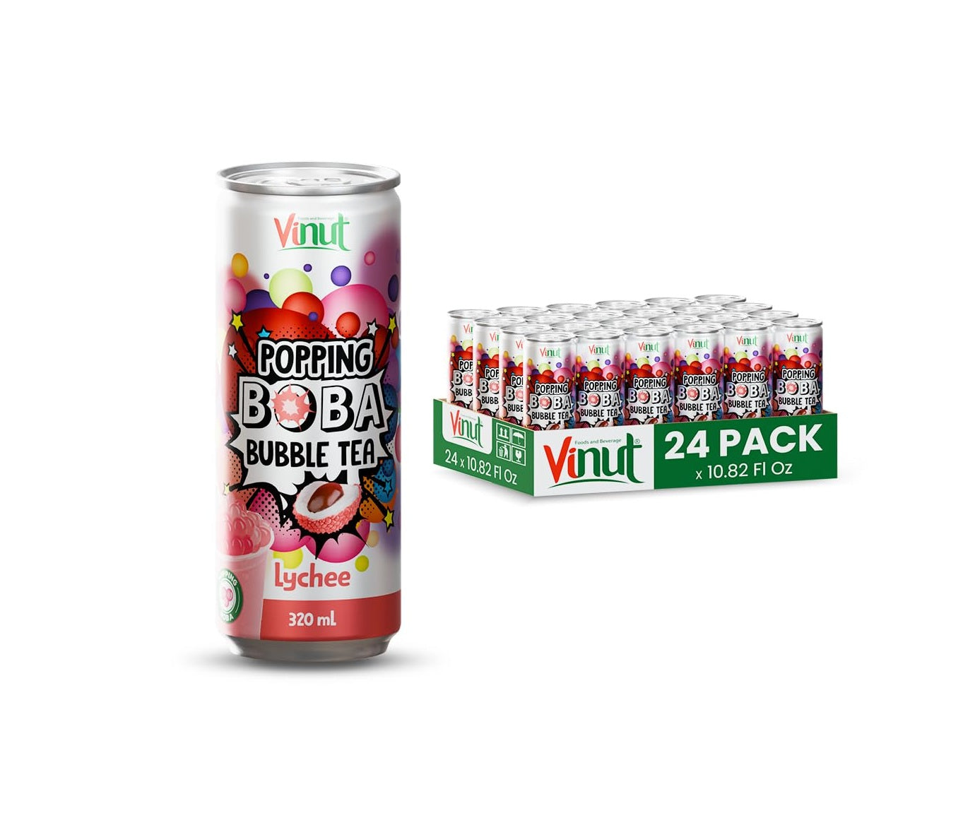 Vinut Popping Boba Bubble Tea – Lychee Flavor, Ready-To-Drink, 10.82 Fl Oz Cans – 24 Pack