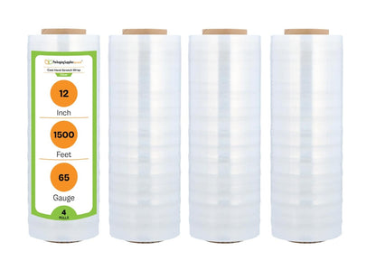 PSBM Clear Cast Stretch Wrap – 12 In x 1500 Ft, 65 Gauge Hand Stretch Film – Pack Of 4 Rolls