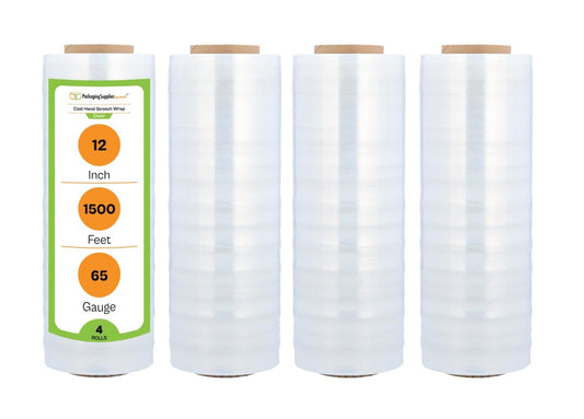 PSBM Clear Cast Stretch Wrap – 12 In x 1500 Ft, 65 Gauge Hand Stretch Film – Pack Of 4 Rolls