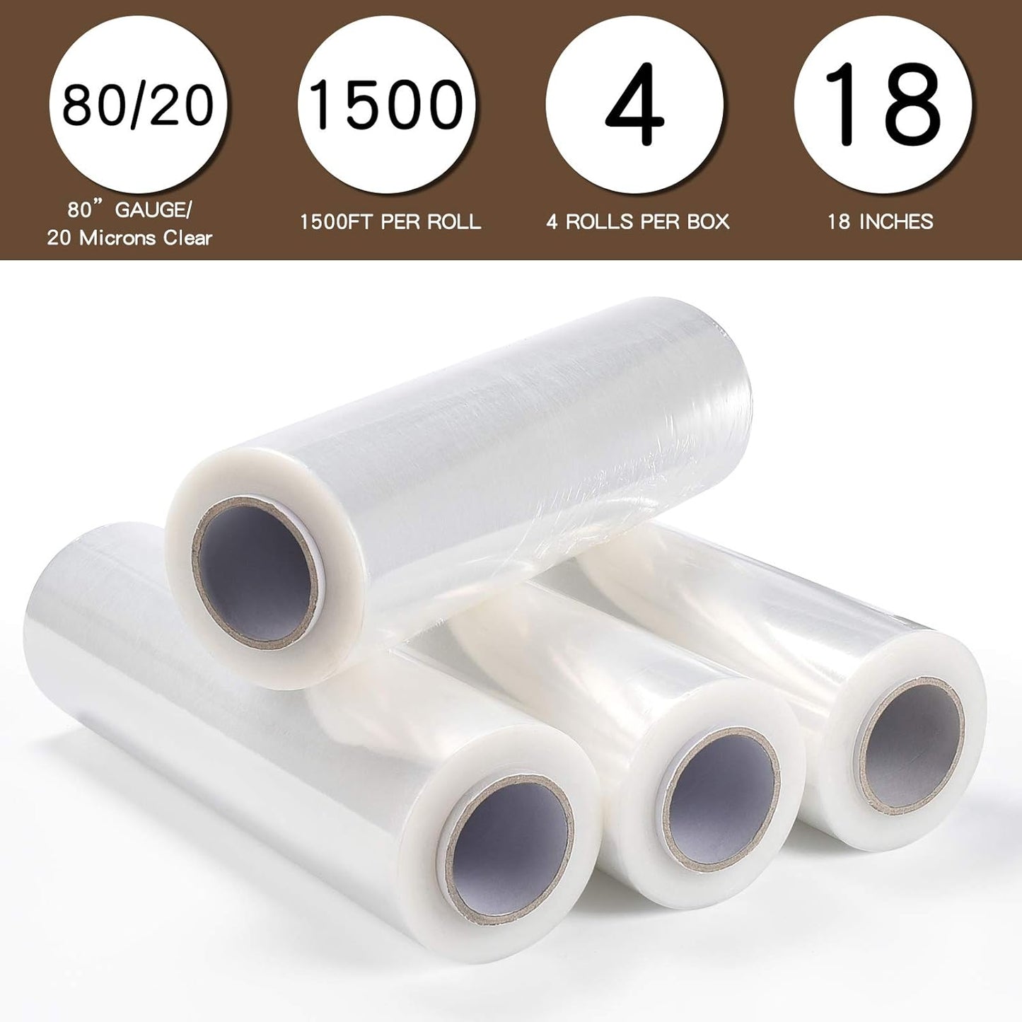 CLEAR CAST PALLET STRETCH WRAP FILM – 18 INCH X 1500 FT – 80 GAUGE 20 MICRON – 4 ROLLS 6000 FT TOTAL