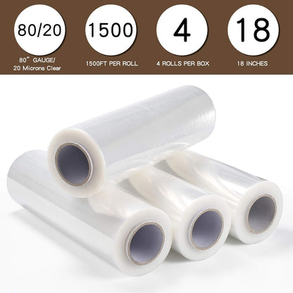 CLEAR CAST PALLET STRETCH WRAP FILM – 18 INCH X 1500 FT – 80 GAUGE 20 MICRON – 4 ROLLS 6000 FT TOTAL