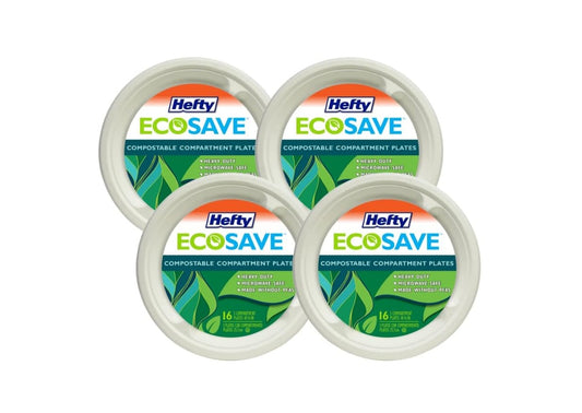HEFTY ECOSAVE COMPARTMENT PAPER PLATES, PLANT-BASED, 10 1/8 IN (16 COUNT, 4 PACK)