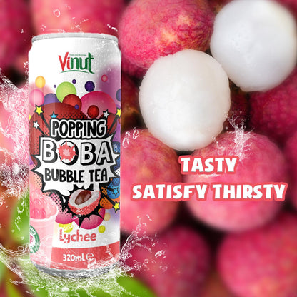 Vinut Popping Boba Bubble Tea – Lychee Flavor, Ready-To-Drink, 10.82 Fl Oz Cans – 24 Pack