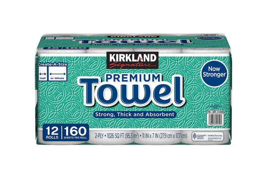 KIRKLAND SIGNATURE PREMIUM BIG ROLL PAPER TOWELS, 12 ROLLS, 160 SHEETS PER ROLL