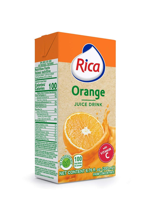 Rica Orange Juice Drink (Jugo de Naranja), 200 ml Cartons (Pack of 12) – Refreshing Citrus Flavor, Ready to Drink