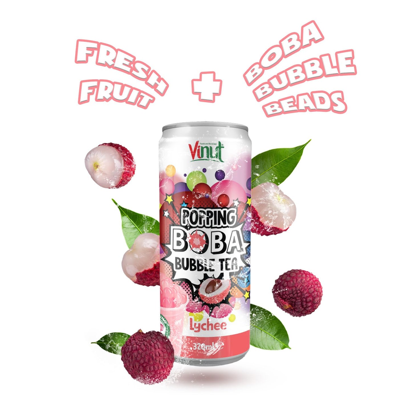 Vinut Popping Boba Bubble Tea – Lychee Flavor, Ready-To-Drink, 10.82 Fl Oz Cans – 24 Pack