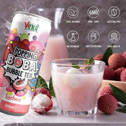 Vinut Popping Boba Bubble Tea – Lychee Flavor, Ready-To-Drink, 10.82 Fl Oz Cans – 24 Pack