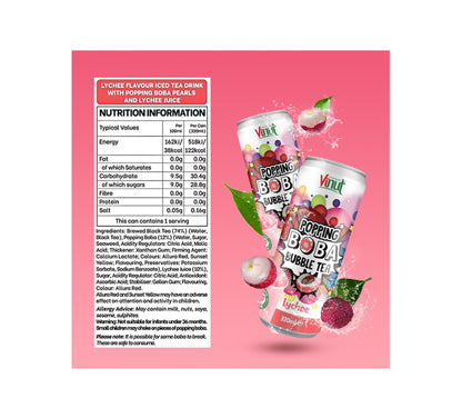 Vinut Popping Boba Bubble Tea – Lychee Flavor, Ready-To-Drink, 10.82 Fl Oz Cans – 24 Pack