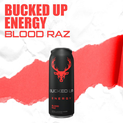 BUCKED UP ENERGY DRINK – BLOOD RAZ – 300 MG CAFFEINE – 16 FL OZ CANS – PACK OF 12
