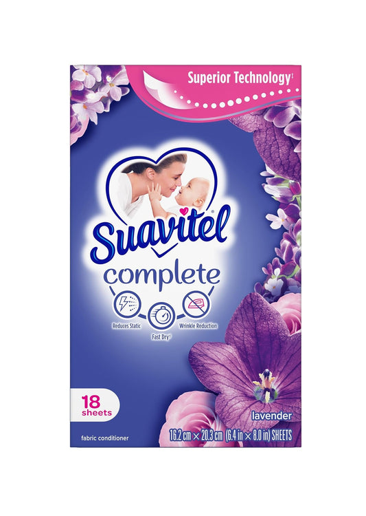 Suavitel Complete Dryer Sheets, Lavender Scent, Fabric Softener Sheets, 18 Count